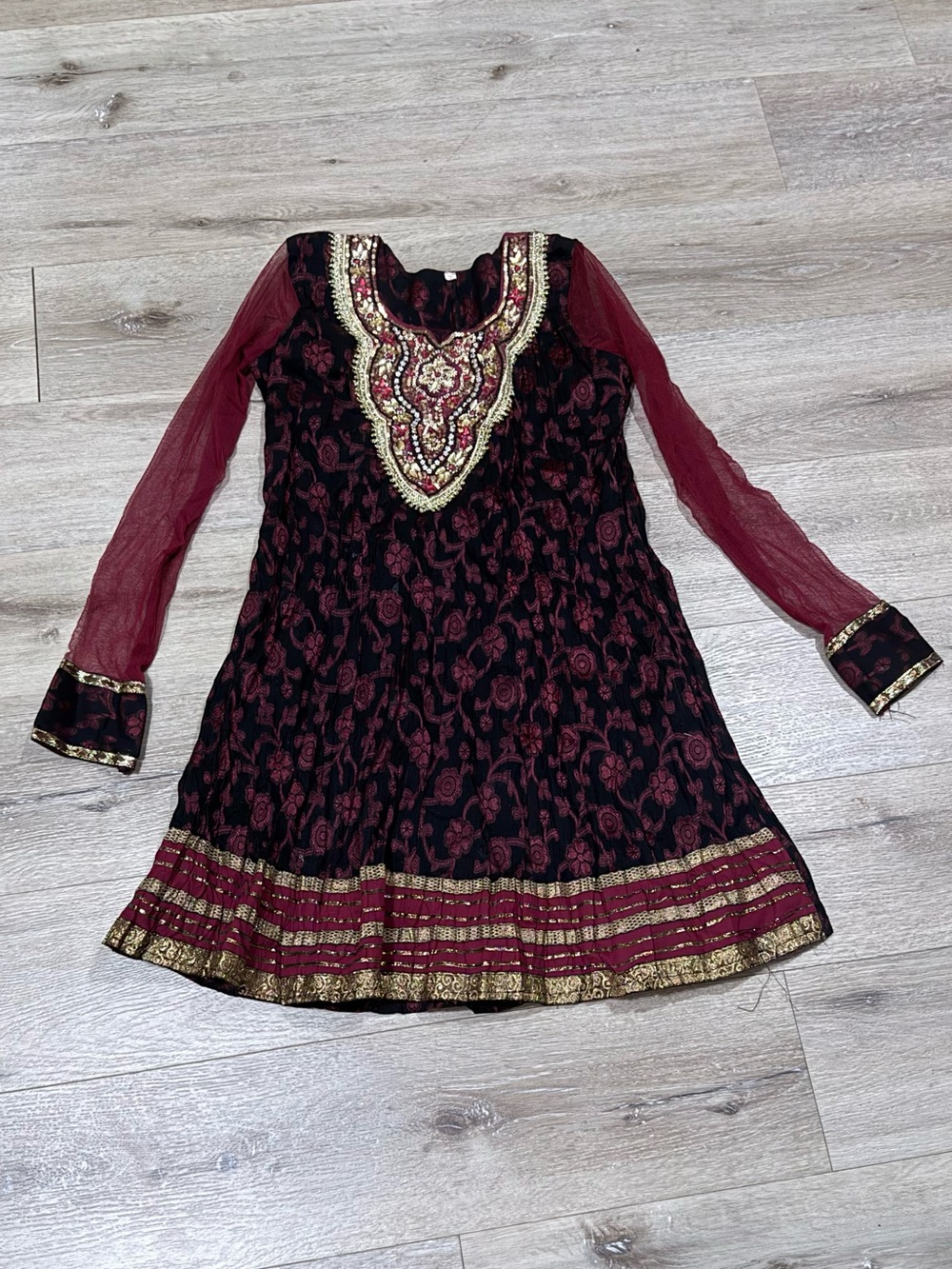 Women’s Maroon & Black Embroidered Formal Dress with Gold Accents